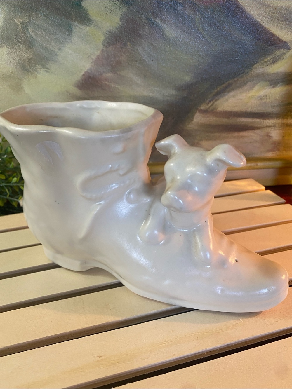 Vintage Shawnee Pottery Ivory Boot/Dog Planter Figurine